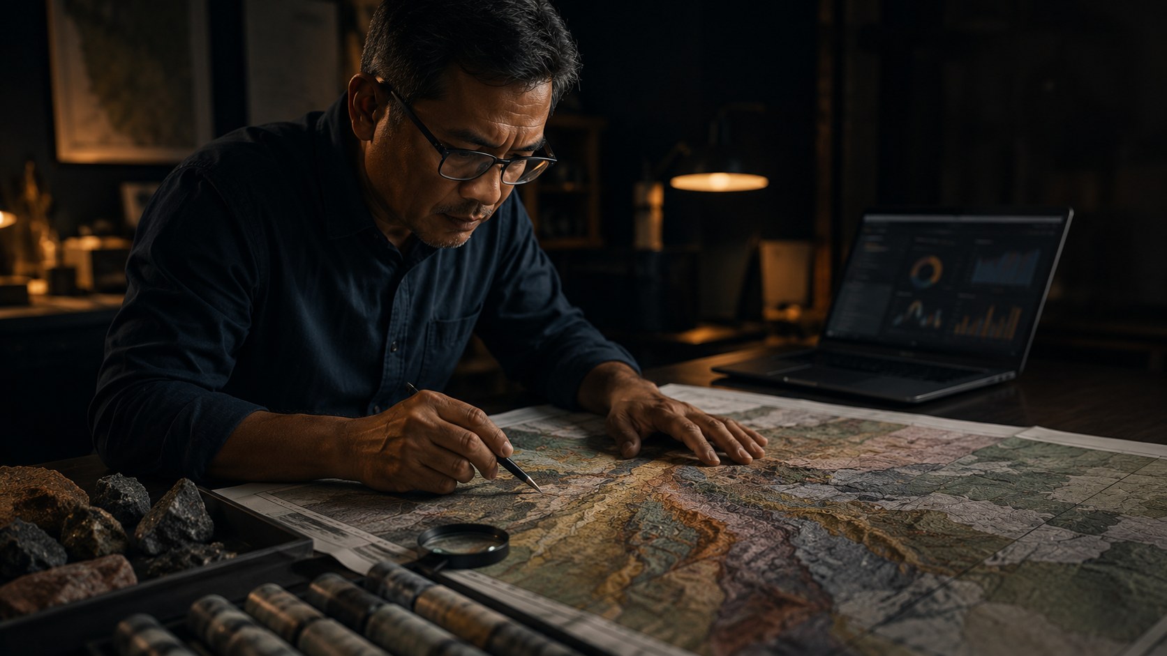 Geolog senior GEOCEE memeriksa peta geologi
