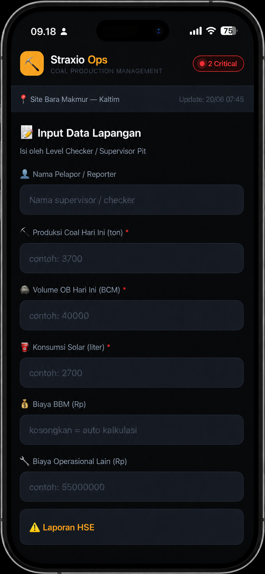 Mockup input data lapangan dan HSE Straxio Ops